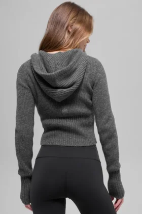 Hoodie „Noble“ aus Wolle und Kaschmir mit Rippstruktur und durchgehendem Reißverschluss – Platingrau