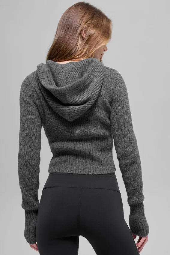 Hoodie „Noble“ aus Wolle und Kaschmir mit Rippstruktur und durchgehendem Reißverschluss – Platingrau