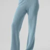 Kaschmir-High-Waist-Hose mit flauschigem Waffelmuster – Celestial Blue Heather