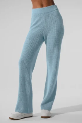 Kaschmir-High-Waist-Hose mit flauschigem Waffelmuster – Celestial Blue Heather