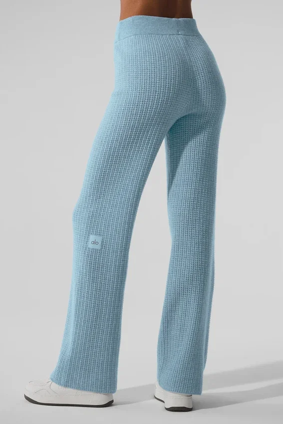 Kaschmir-High-Waist-Hose mit flauschigem Waffelmuster – Celestial Blue Heather