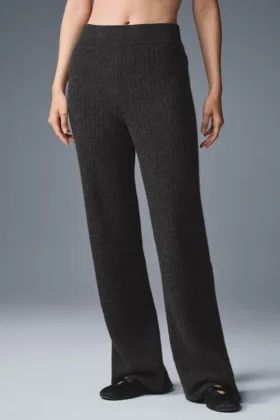 Kaschmir-High-Waist-Hose mit flauschigem Waffelmuster – Dunkelgrau meliert