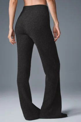 Kaschmir-High-Waist-Hose mit flauschigem Waffelmuster – Dunkelgrau meliert