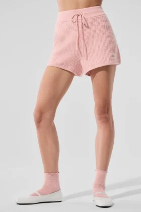 Kaschmir-High-Waist-Shorts aus flauschigem Waffelpiqué – Pink Quartz