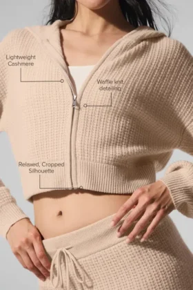 Kaschmir-Plüsch-Waffel-Hoodie mit durchgehendem Reißverschluss – Macadamia Blush