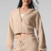 Kaschmir-Plüsch-Waffel-Hoodie mit durchgehendem Reißverschluss – Macadamia Blush