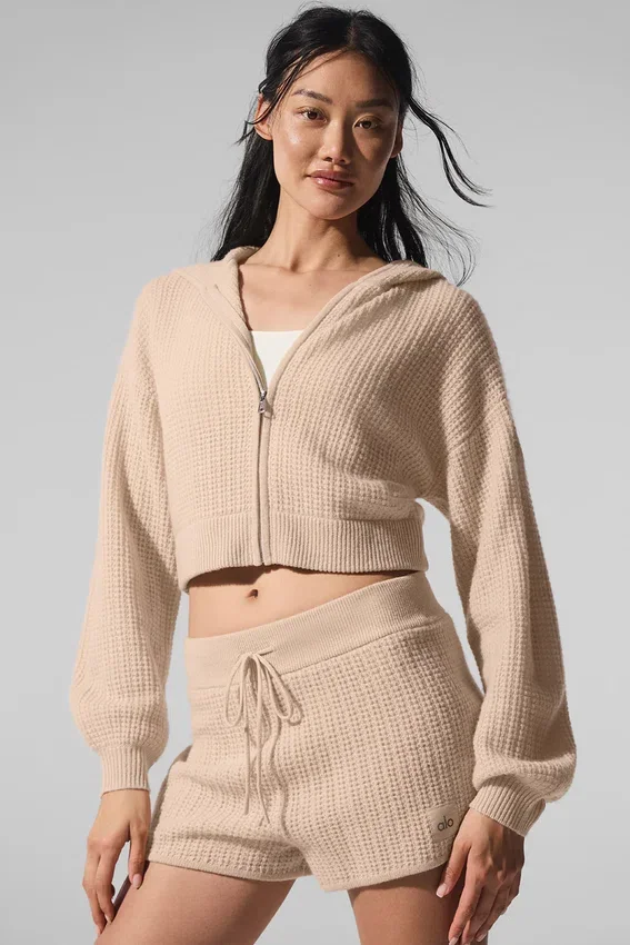 Kaschmir-Plüsch-Waffel-Hoodie mit durchgehendem Reißverschluss – Macadamia Blush