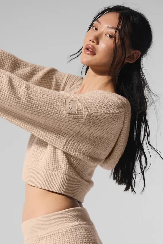 Kaschmir-Plüsch-Waffel-Hoodie mit durchgehendem Reißverschluss – Macadamia Blush