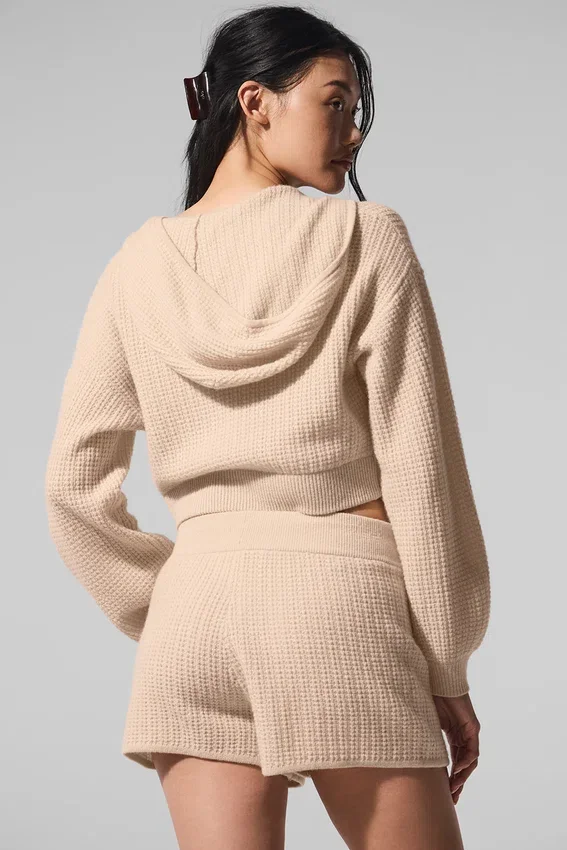 Kaschmir-Plüsch-Waffel-Hoodie mit durchgehendem Reißverschluss – Macadamia Blush