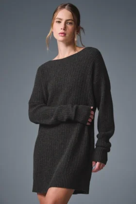 Kaschmir-Plüsch-Waffel-Kleid – Dunkelgrau meliert