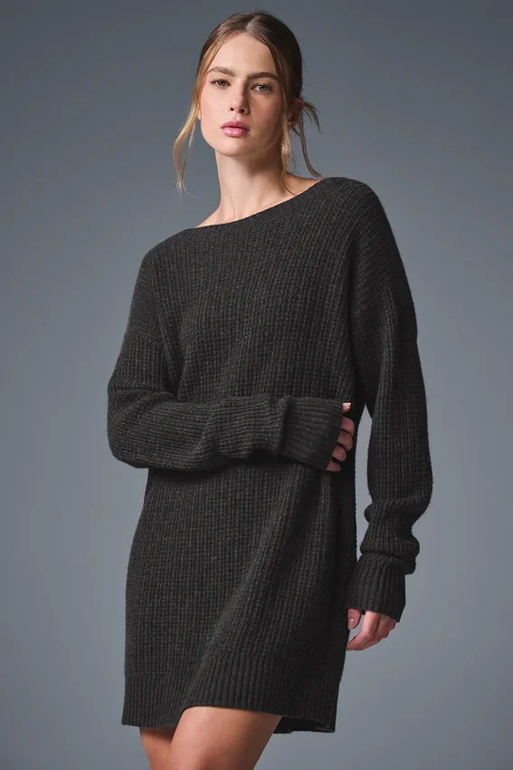 Kaschmir-Plüsch-Waffel-Kleid – Dunkelgrau meliert