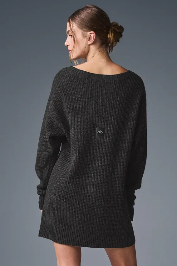 Kaschmir-Plüsch-Waffel-Kleid – Dunkelgrau meliert