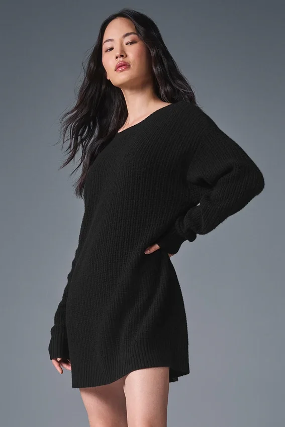 Kaschmir-Plüsch-Waffel-Kleid – Schwarz