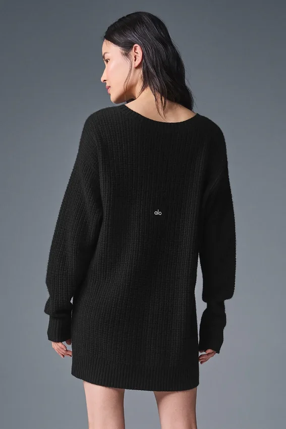 Kaschmir-Plüsch-Waffel-Kleid – Schwarz
