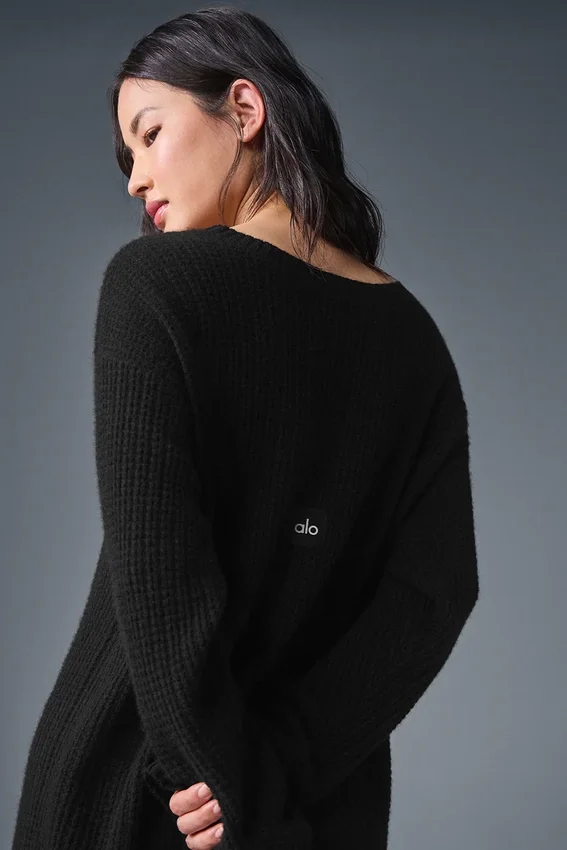 Kaschmir-Plüsch-Waffel-Kleid – Schwarz