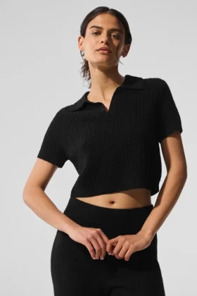 Kaschmir-Plüsch-Waffel-Polo-T-Shirt – Schwarz