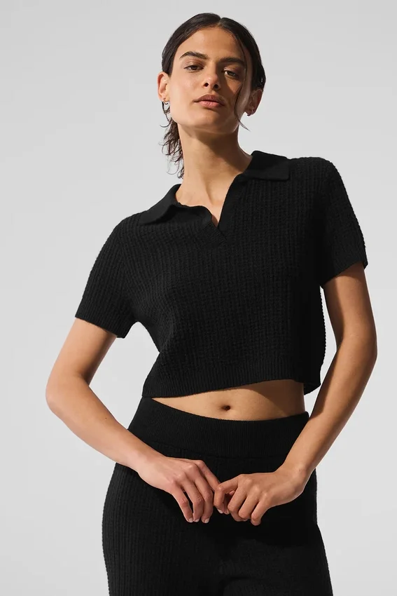 Kaschmir-Plüsch-Waffel-Polo-T-Shirt – Schwarz