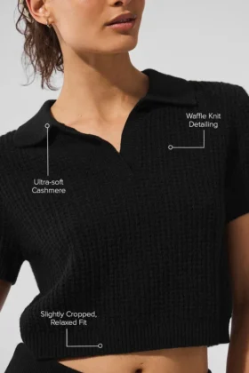 Kaschmir-Plüsch-Waffel-Polo-T-Shirt – Schwarz