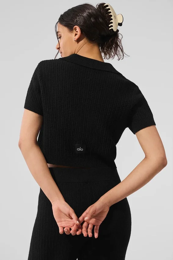Kaschmir-Plüsch-Waffel-Polo-T-Shirt – Schwarz