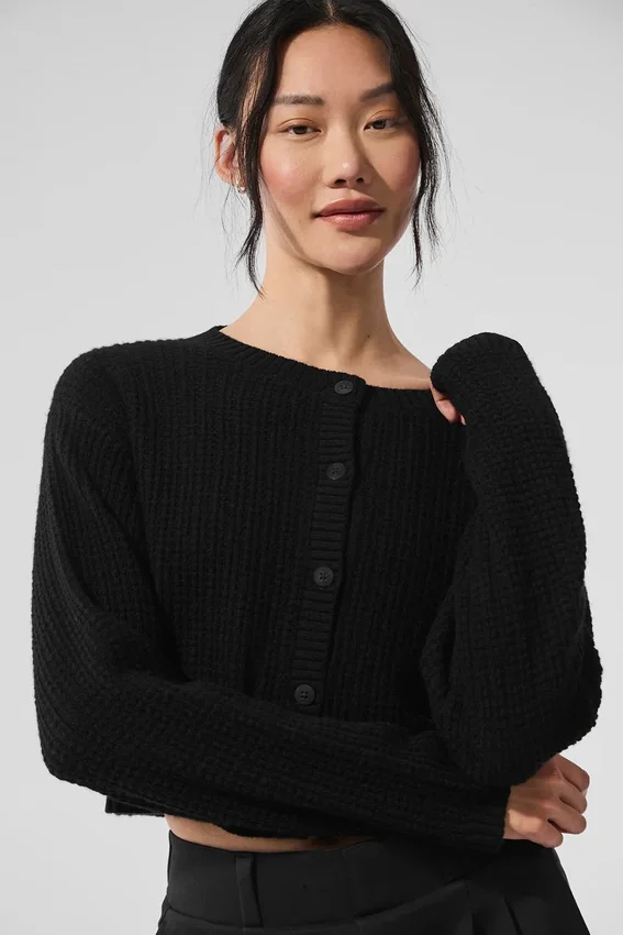 Kaschmir-Plüsch-Waffel-Strickjacke – Schwarz