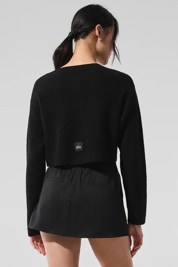 Kaschmir-Plüsch-Waffel-Strickjacke – Schwarz