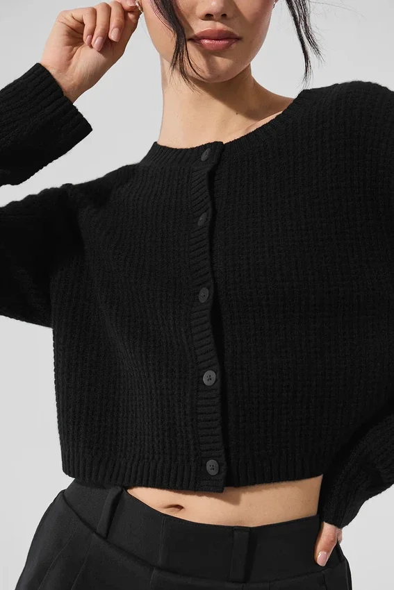 Kaschmir-Plüsch-Waffel-Strickjacke – Schwarz