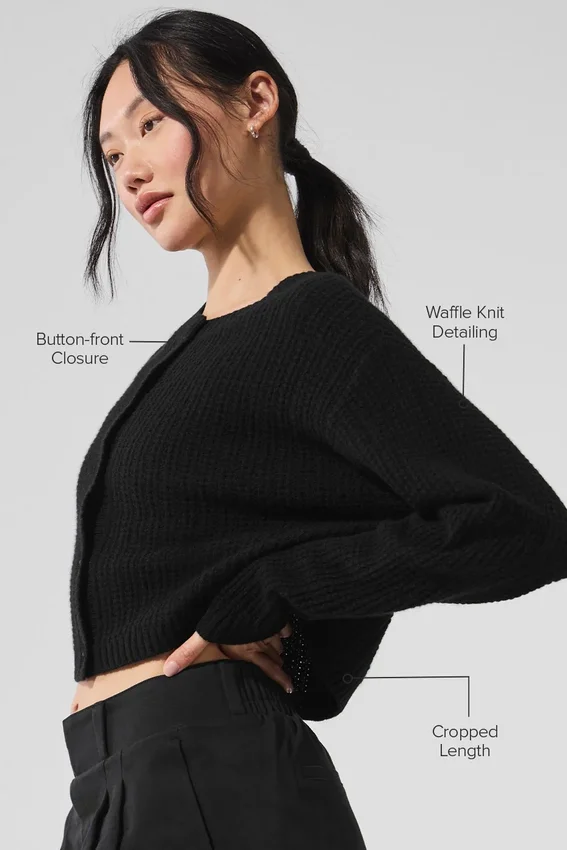 Kaschmir-Plüsch-Waffel-Strickjacke – Schwarz