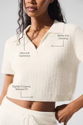 Kaschmir-Plüsch-Waffelpolo-T-Shirt – Elfenbein