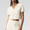 Kaschmir-Plüsch-Waffelpolo-T-Shirt – Elfenbein