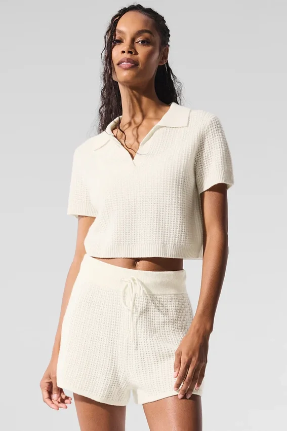 Kaschmir-Plüsch-Waffelpolo-T-Shirt – Elfenbein
