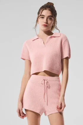 Kaschmir-Polo-Shirt mit Plüsch-Waffelstruktur – Pink Quartz