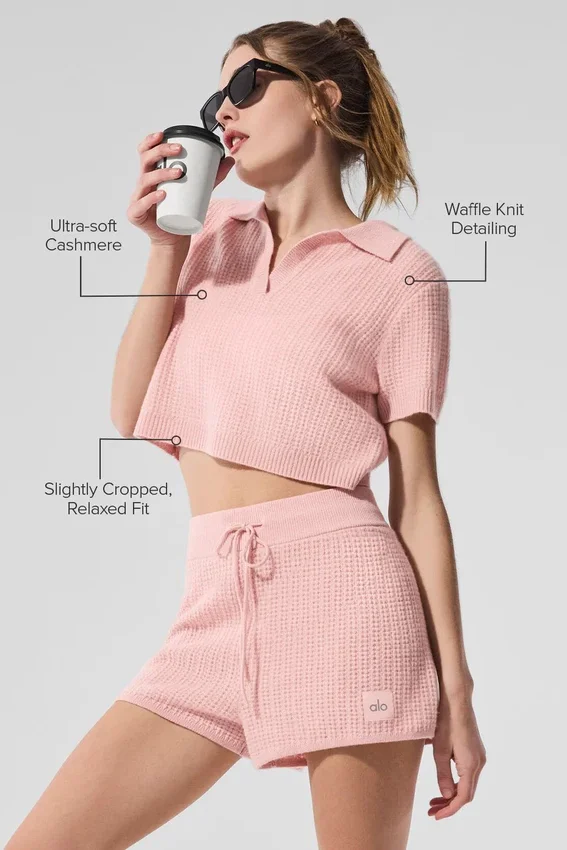 Kaschmir-Polo-Shirt mit Plüsch-Waffelstruktur – Pink Quartz