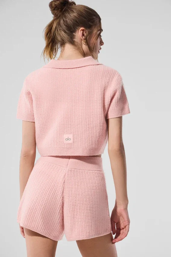 Kaschmir-Polo-Shirt mit Plüsch-Waffelstruktur – Pink Quartz