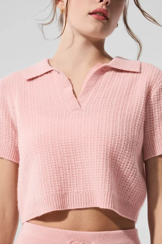 Kaschmir-Polo-Shirt mit Plüsch-Waffelstruktur – Pink Quartz