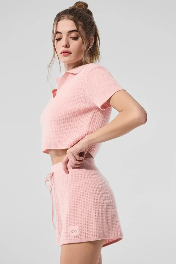 Kaschmir-Polo-Shirt mit Plüsch-Waffelstruktur – Pink Quartz