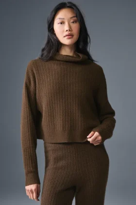 Kaschmir-Pullover mit Rollkragen und Waffelstruktur – Espresso