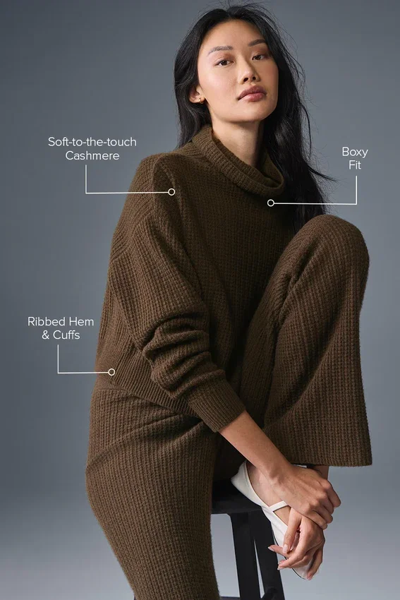 Kaschmir-Pullover mit Rollkragen und Waffelstruktur – Espresso