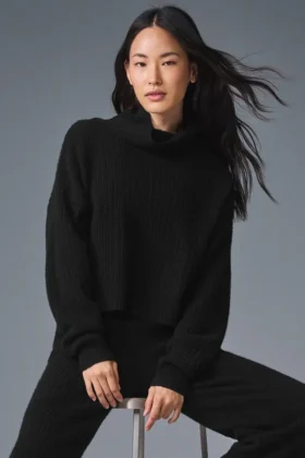 Kaschmir-Pullover mit Rollkragen und Waffelstruktur – Schwarz