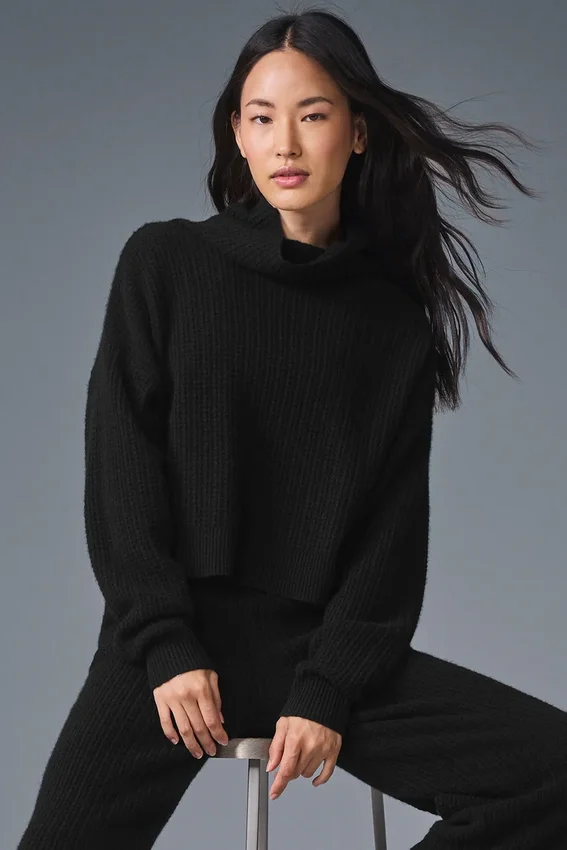 Kaschmir-Pullover mit Rollkragen und Waffelstruktur – Schwarz