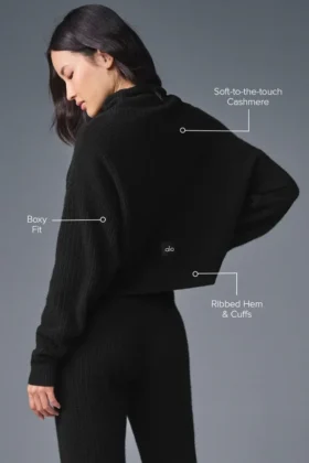 Kaschmir-Pullover mit Rollkragen und Waffelstruktur – Schwarz