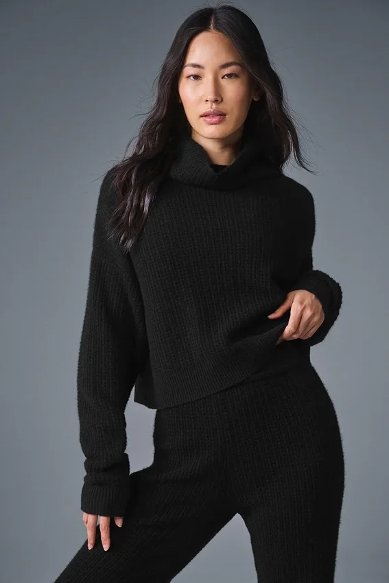 Kaschmir-Pullover mit Rollkragen und Waffelstruktur – Schwarz