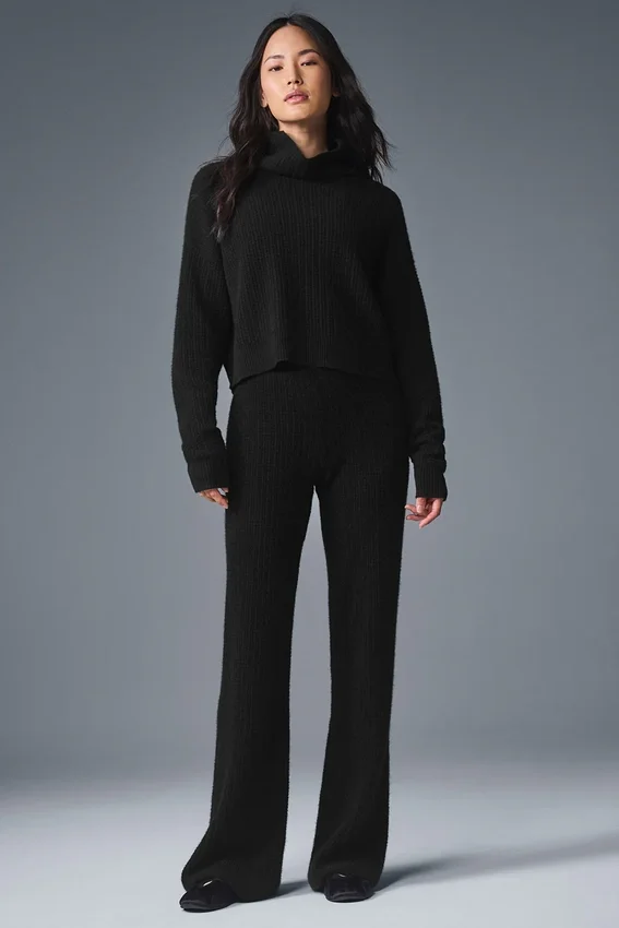 Kaschmir-Pullover mit Rollkragen und Waffelstruktur – Schwarz