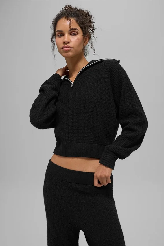 Kaschmir-Pullover mit Waffelstruktur und 1/4-Reißverschluss – Schwarz