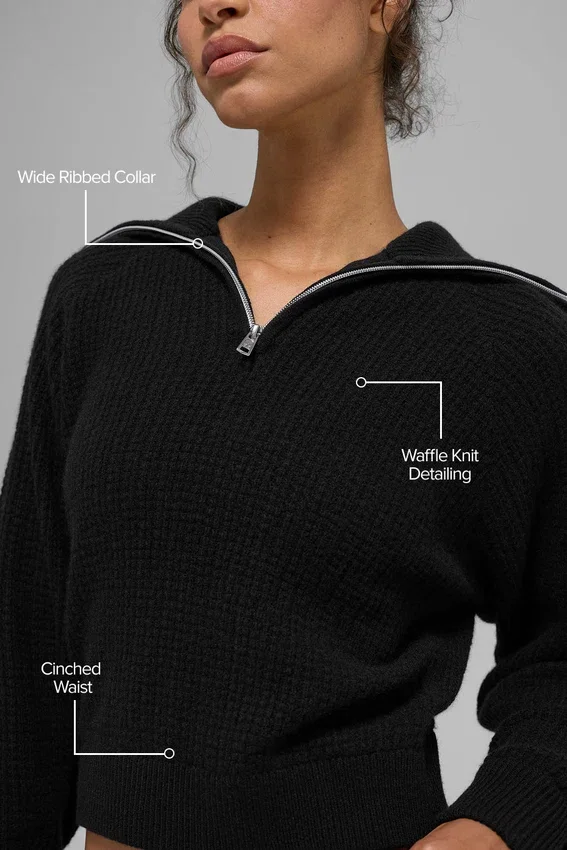 Kaschmir-Pullover mit Waffelstruktur und 1/4-Reißverschluss – Schwarz