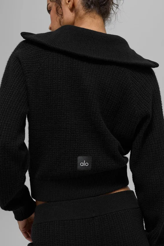 Kaschmir-Pullover mit Waffelstruktur und 1/4-Reißverschluss – Schwarz