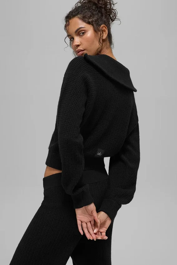 Kaschmir-Pullover mit Waffelstruktur und 1/4-Reißverschluss – Schwarz
