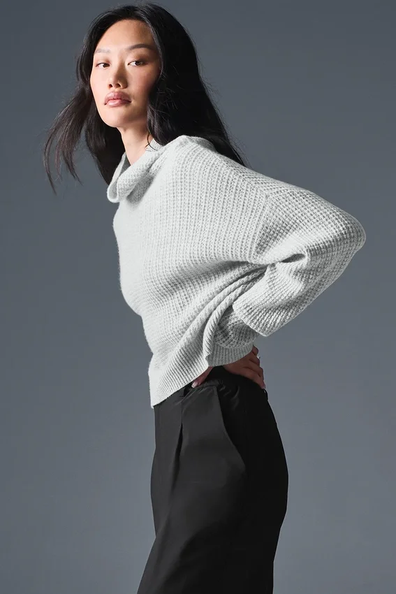 Kaschmir-Pullover mit Waffelstruktur und Rollkragen – Athletic Heather Grey