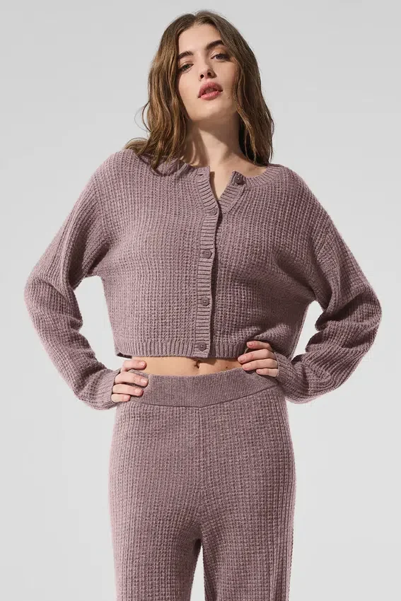 Kaschmir-Strickjacke mit Waffelstruktur – Mushroom Heather