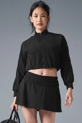 Kurze „Doubles Only“-Jacke mit durchgehendem Reißverschluss – Schwarz