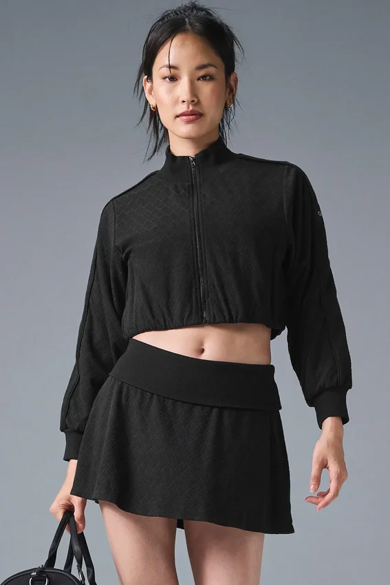 Kurze „Doubles Only“-Jacke mit durchgehendem Reißverschluss – Schwarz